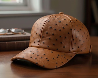 Real Ostrich Baseball Brown Cap Full Quill With Adjustable Closure Strap ,Lederkappe herren