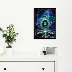 Könnte beinhalten: Gerahmter Kunstdruck mit einem abstrakten Design und dem Pi-Symbol in der Mitte. Das Kunstwerk zeigt ein kosmische Thema mit wirbelnden blauen und goldenen Elementen und einem Hintergrund aus Sternen und Zahlen. Der Rahmen ist schwarz.