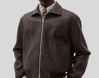 Handwoven Italian Leather Blouson Jacket for Men Fondant Color