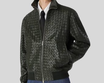 Intrecciato Handwoven Italian Leather Blouson Jacket for Men Dark Green