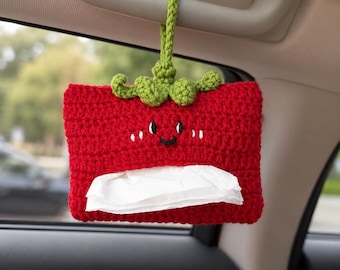 Crochet Tissue Holder, Handmade Strawberry Tissue Cover, Cute Car Tissue Dispenser, Mini Tissue Pack Holder, Desk Decor Gift