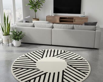 Hand-Tufted Wool Round Rug, Sunburst Design, Mid-Century Modern