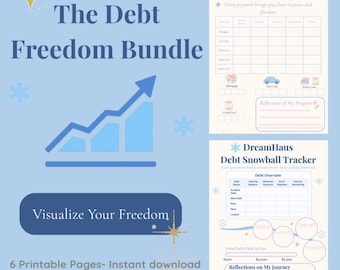 Könnte beinhalten: Ein hellblaues, druckbares Schuldenfreiheits-Bundle mit dem Text "The Debt Freedom Bundle" und "Visualize Your Freedom". Das Bundle enthält einen Schuldenrückzahlungs-Tracker und einen Schneeball-Tracker. Das Bild enthält auch Schneeflocken und einen goldenen Stern.