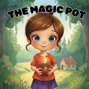 Op de afbeelding: Illustratie van een jong meisje dat een bruine pot met een vlam vasthoudt. Ze draagt een oranje shirt, een paarse rok en bruine schoenen. De tekst "THE MAGIC POT" staat boven haar hoofd. De achtergrond toont een pad, bomen en een klein huis.