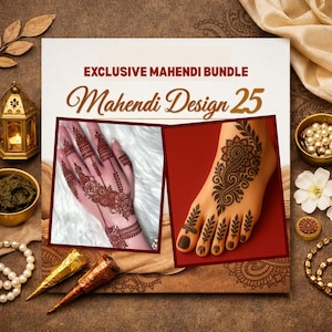 May include: An image featuring an "EXCLUSIVE MAHENDI BUNDLE" with "Mahendi Design 25" text. The image showcases henna designs on a hand and foot, with intricate floral and leaf patterns. The design is in shades of brown.