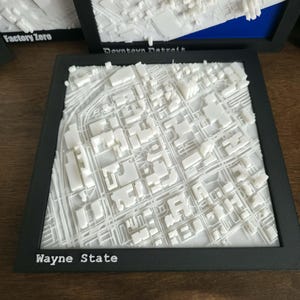 May include: A white 3D-printed map of Wayne State University, framed in black. The map shows the layout of buildings and streets. The text "Wayne State" is printed in white at the bottom of the frame. Other framed maps are visible in the background.