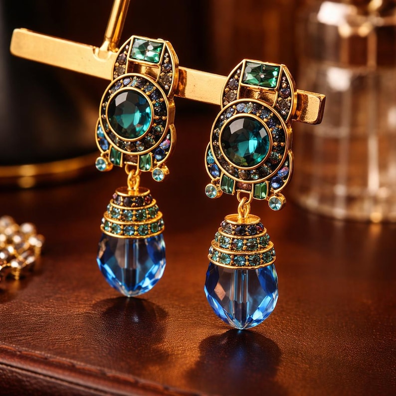 May include: A pair of ornate gold-toned earrings with teal and blue gemstones. Each earring features a large, round teal stone surrounded by smaller gems and a teardrop-shaped blue crystal pendant. The earrings are displayed on a gold stand.