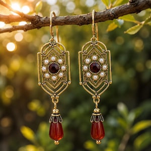 Vintage Gold Red Gem Pearl Dangle Earrings, Art Deco Statement Drop