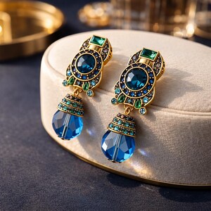 May include: A pair of ornate gold-toned earrings with intricate detailing. Each earring features a large, faceted blue teardrop-shaped gem suspended below a design with a central blue stone, surrounded by smaller blue and green gems.