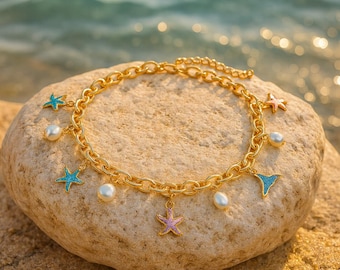 Gold Sea Charm Necklace, Starfish Pearl Beach Jewelry for Women