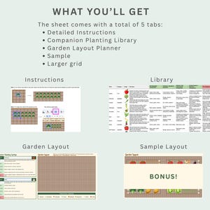 May include: A digital gardening planner with sections for detailed instructions, a companion planting library, and a garden layout planner. The image includes a sample layout with the word "BONUS!" and a larger grid.