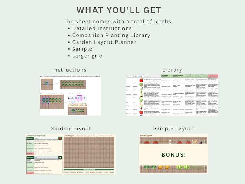 May include: A digital gardening planner with sections for detailed instructions, a companion planting library, and a garden layout planner. The image includes a sample layout with the word "BONUS!" and a larger grid.