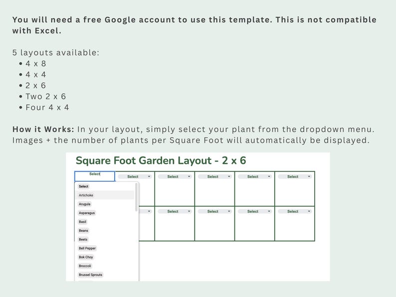 May include: A digital garden layout template with a light green background. The text reads "Square Foot Garden Layout - 2 x 6" with a grid of boxes. A dropdown menu shows plant options like artichoke and asparagus.