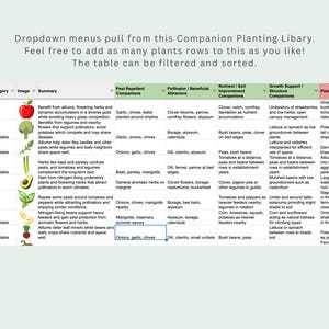 May include: A detailed chart from a companion planting library, featuring dropdown menus and a table that can be filtered and sorted. The chart lists plants, categories, and summaries, with columns for pest repellent, pollinators, nutrient improvement, growth support, and poor neighbors.