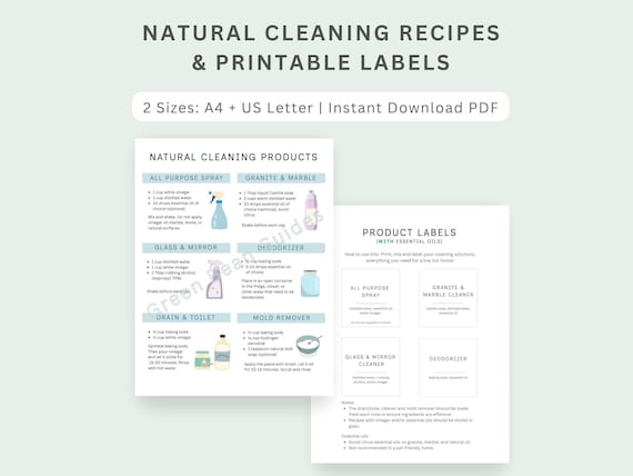 DIY Homemade Cleaning Recipes Guide + Printable Labels, Natural Eco Friendly Products for Homes, Non-Toxic Cleaning Chart, Zero Waste PDF
