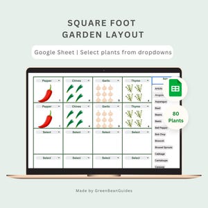 Puede incluir: Una pantalla de portátil muestra un diseño de jardín de pie cuadrado con ilustraciones de verduras. El texto "SQUARE FOOT GARDEN LAYOUT" y "Google Sheet | Select plants from dropdowns" son visibles. El diseño incluye pimientos, cebollino, ajo y tomillo.