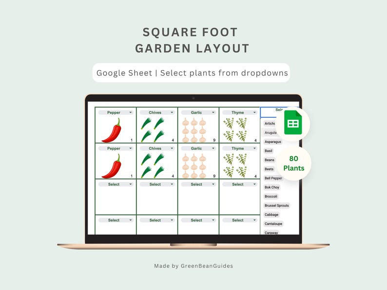 May include: A laptop screen displays a square foot garden layout with illustrations of vegetables. The text "SQUARE FOOT GARDEN LAYOUT" and "Google Sheet | Select plants from dropdowns" are visible. The layout includes peppers, chives, garlic, and thyme.