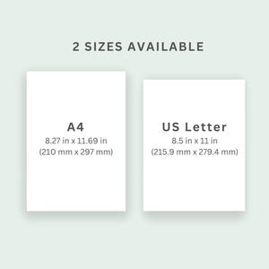 May include: Image showing two paper sizes: A4 (8.27 x 11.69 inches) and US Letter (8.5 x 11 inches). The A4 size is also listed as 210 mm x 297 mm, and the US Letter size is listed as 215.9 mm x 279.4 mm. The text "2 SIZES AVAILABLE" is at the top.
