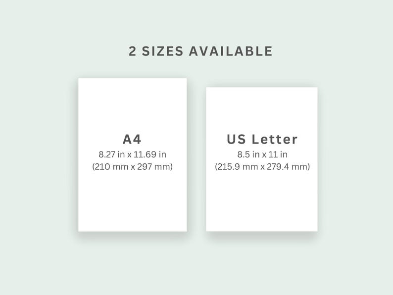 May include: Image showing two paper sizes: A4 (8.27 x 11.69 inches) and US Letter (8.5 x 11 inches). The A4 size is also listed as 210 mm x 297 mm, and the US Letter size is listed as 215.9 mm x 279.4 mm. The text "2 SIZES AVAILABLE" is at the top.