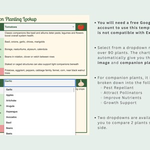 May include: A digital companion planting lookup chart with two dropdown menus. The first menu is set to "Tomatoes", the second to "Garlic". The chart provides information on companion plants, pest repellents, and growth support.
