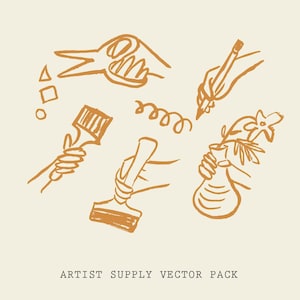 May include: A set of 28 hand-drawn illustrations of artist supplies, including a paintbrush, a palette knife, a pencil, a vase with a flower, and a pair of scissors. The illustrations are in a minimalist style and are perfect for use in digital or print projects.