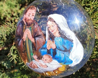 Mary Joseph and baby Jesus ornament, handmade Christmas ornament, handmade nativity painting Christmas nativity, Holy Family parents praying