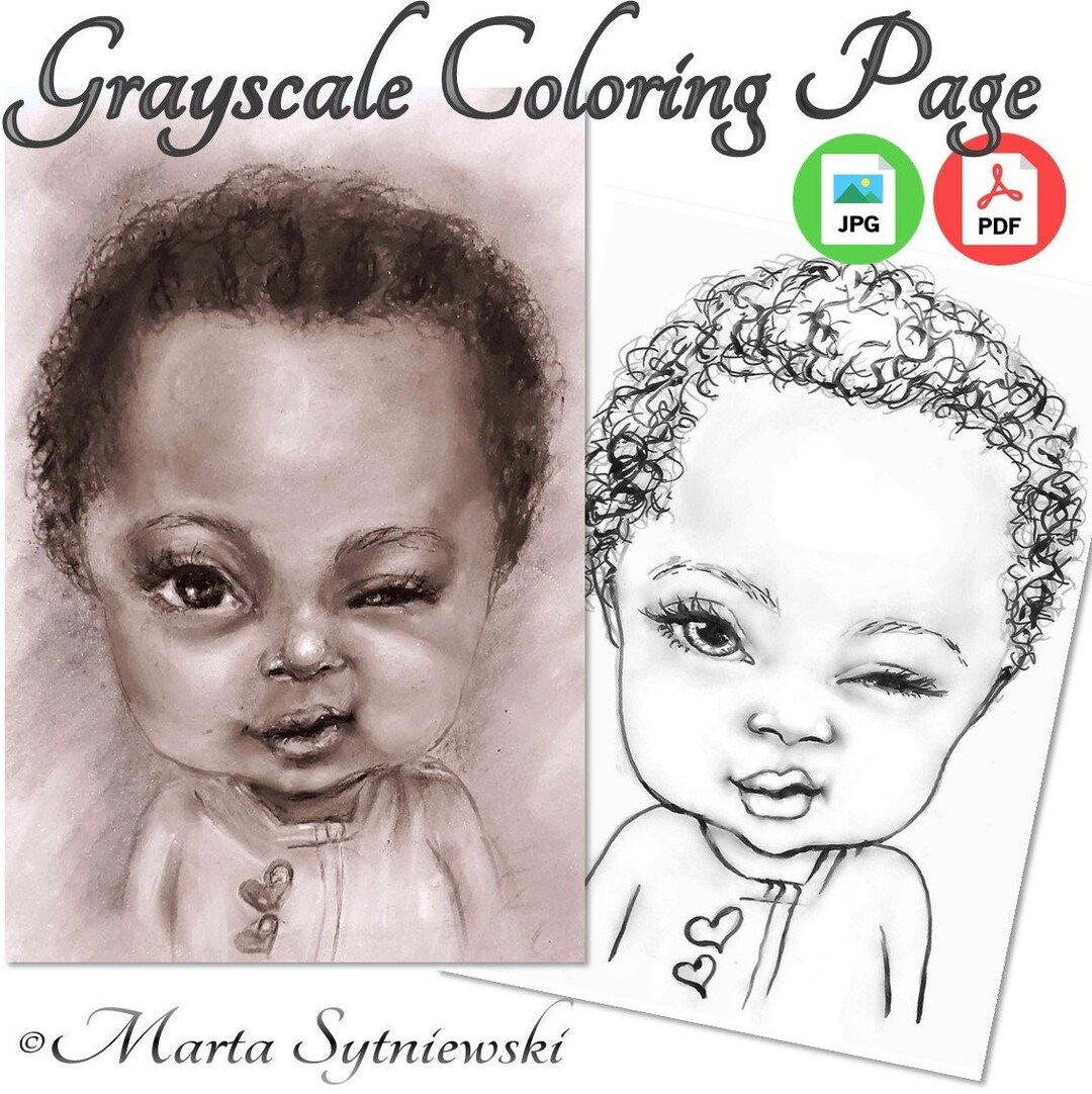 Winking Baby Coloring Page for Adults, Grayscale Coloring Page, Adult