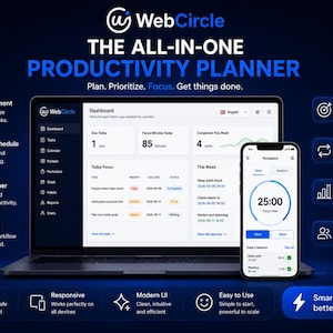 May include: A WebCircle productivity planner software interface displayed on a laptop and smartphone screen. The dashboard shows task management, calendar, Pomodoro timer, and kanban board features with text labels for goals, habits, and analytics.