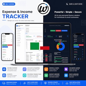 Könnte beinhalten: Eine Software-Schnittstelle zur Verfolgung von Einnahmen und Ausgaben, dargestellt auf einem Laptop-Bildschirm und zwei Smartphones. Das Dashboard zeigt Finanzdiagramme, Transaktionslisten und Budgetübersichten in hellem und dunklem Modus.