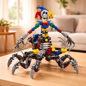 Puede incluir: Una colorida escultura de Lego de una figura tipo bufón con una cara sonriente, patas de araña y brazos articulados. La escultura presenta una mezcla de colores primarios, gris y negro, con detalles intrincados y un diseño caprichoso.