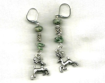 Unisex Celtic Stag earrings in Moss Agate & Green Jasper, One of a Kind