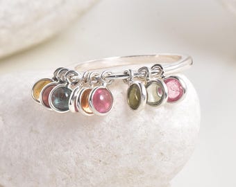 Anillo de turmalina de plata de ley, anillo con piedra arcoíris, colgante, estilo bohemio minimalista.