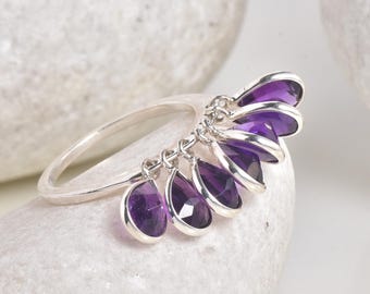 Anillo colgante de amatista, plata de ley 925, piedra de nacimiento de febrero, diseño minimalista en forma de gota.