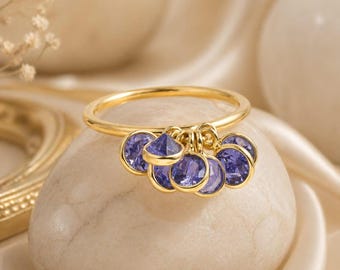 Anillo colgante de tanzanita hecho a mano, joyería llamativa de plata de ley con diseño de racimo, regalo para mujer