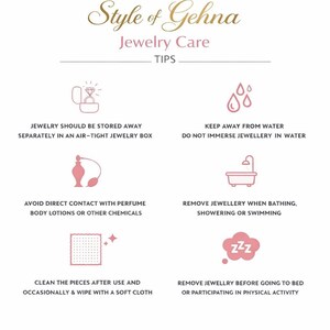 Style of Gehna Jewelry Care Tips: six icons cover storage, water and perfume avoidance, bathing removal, and cleaning.