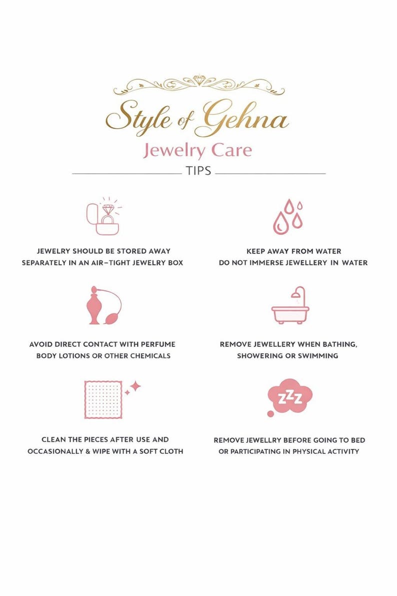 Style of Gehna Jewelry Care Tips: six icons cover storage, water and perfume avoidance, bathing removal, and cleaning.