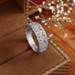 Sterling Silver Geometric Lattice Pave CZ Ring, Delicate Band