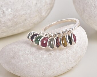 Anillo de turmalina, colgante de plata 925, gema ovalada multicolor arcoíris.