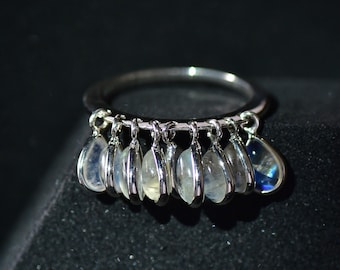 Anillo colgante de piedra lunar arcoíris, anillo antiestrés con dije bohemio de plata esterlina