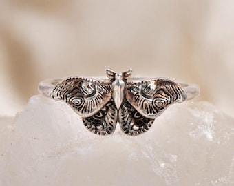 Sterling Silver Moth Ring, Vintage Boho Insect Jewelry, Celestial Statement Band