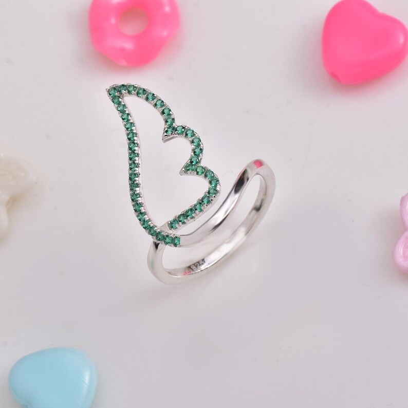 925 silver ring with emerald-green CZ angel wing outline, a delicate boho everyday ring for women