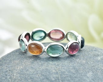 Multi-Tourmaline Sterling Silver Eternity Ring, Rainbow Gemstone Band,Gift for her
