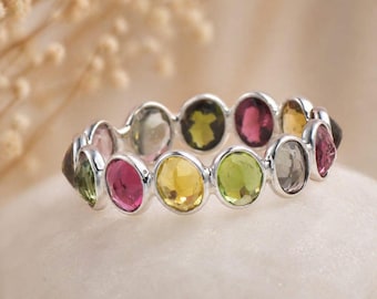 Multi Tourmaline Ring, Oval Gemstone Band, Rainbow Silver Ring, Gift for Her