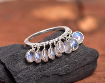 Anillo colgante de piedra lunar arcoíris, plata de ley 925, anillo con dije estilo bohemio, regalo para ella.