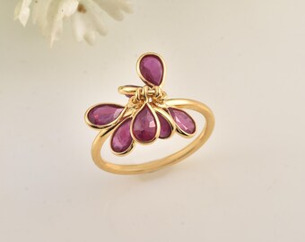 Ruby ring, 925 silver ring, pear ruby, floral charm