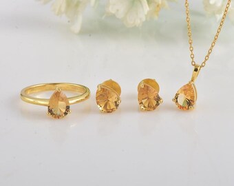Citrine Jewelry Set, 925 Sterling Silver, Heart Necklace, Earrings & Ring
