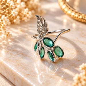 Emerald Dangle Ring, 925 Sterling Silver Botanical , Green Leaf Statement Band, Nature Inspired Artisan