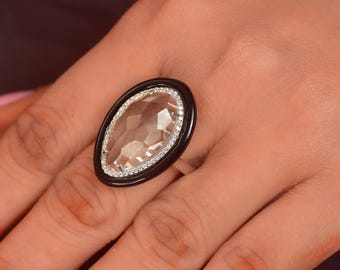 Oversized Certified Crystal Cocktail Ring | Black Onyx Border, Faceted Teardrop Statement