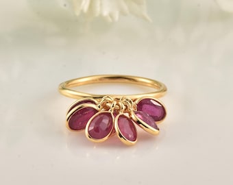 Handmade Ruby Dangle Ring, 925 Sterling Silver, 18K Gold Plated, Oval Gemstone Charm