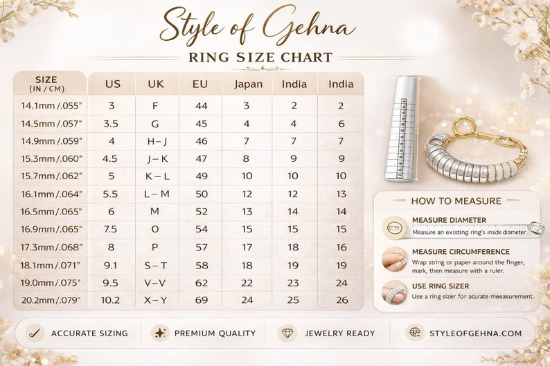 925 silver CZ angel wing ring, delicate boho everyday ring, displayed beside a ring size chart.